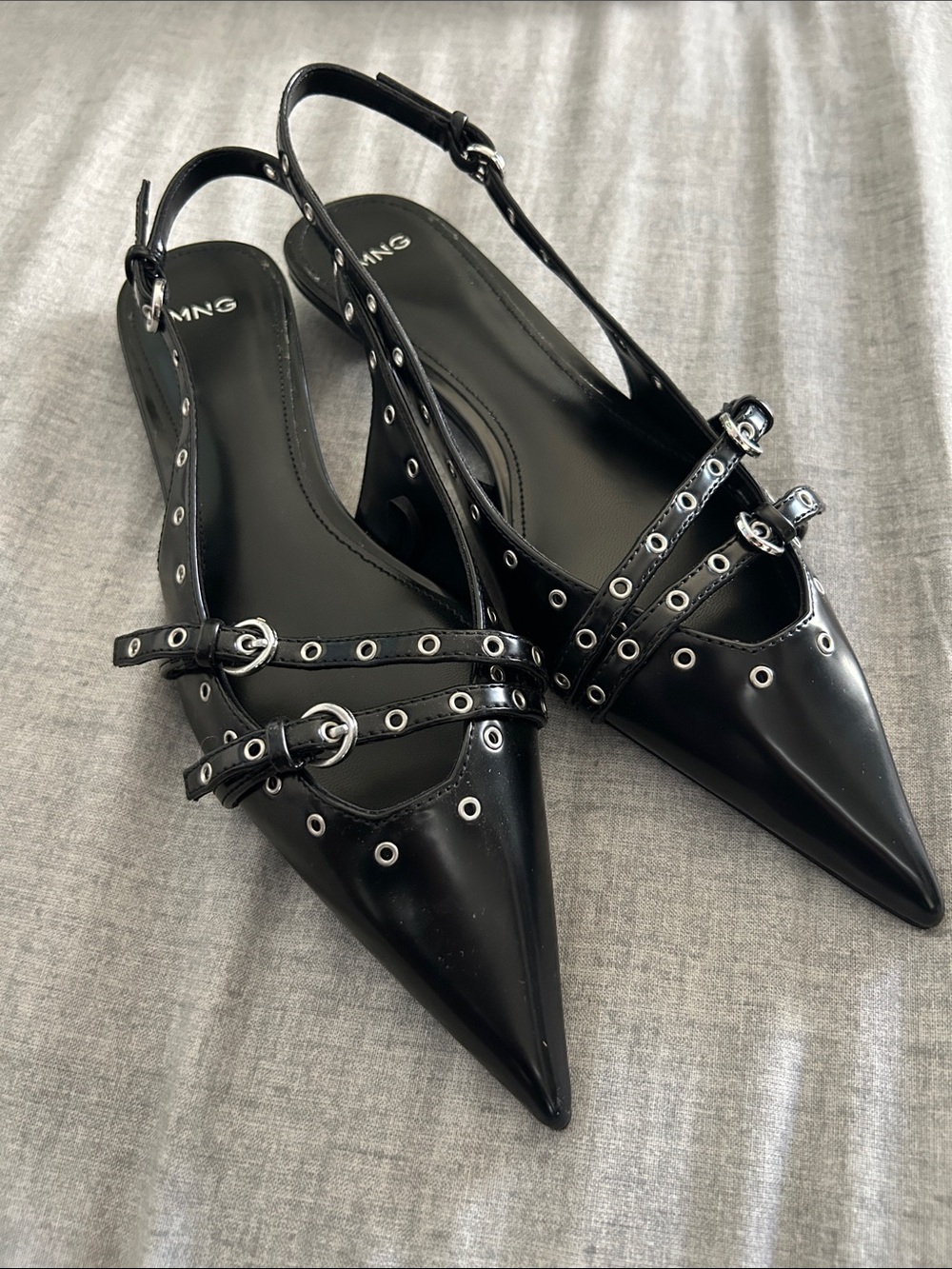 Mango Black Pointed Slingback Flats with Silver Eyelet Straps